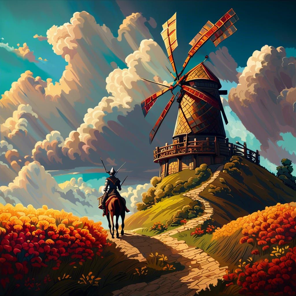 Don Quixote Rides Windmills in Fantasy Landscape