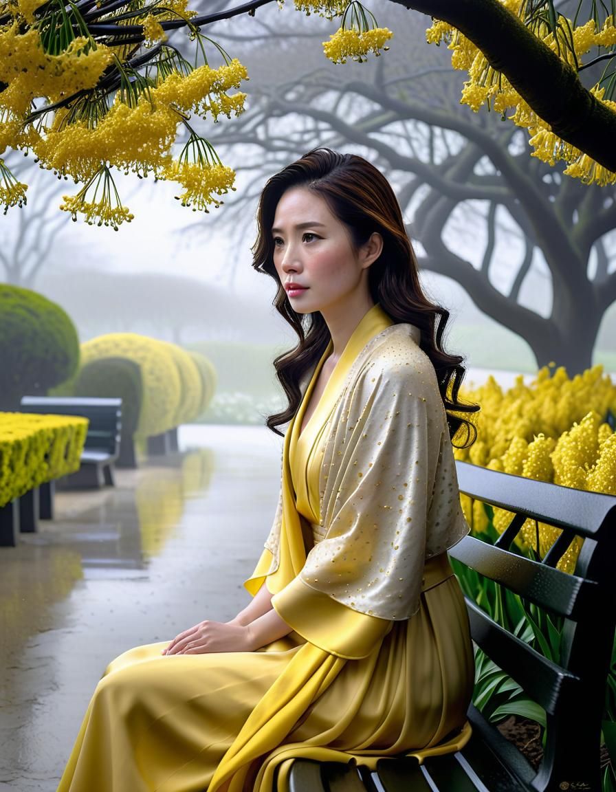 Korean Woman in Garden: Chiaroscuro Oil Painting