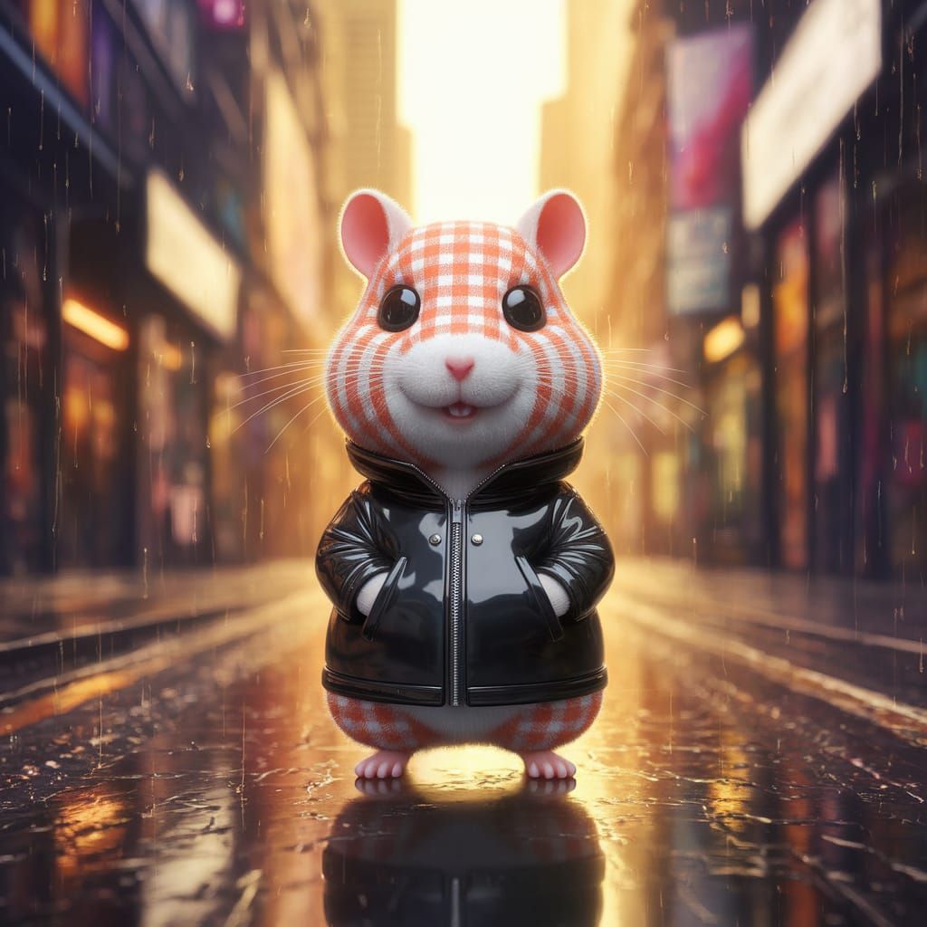 Chibi Hamster Steals the Spotlight in Vibrant Cityscape