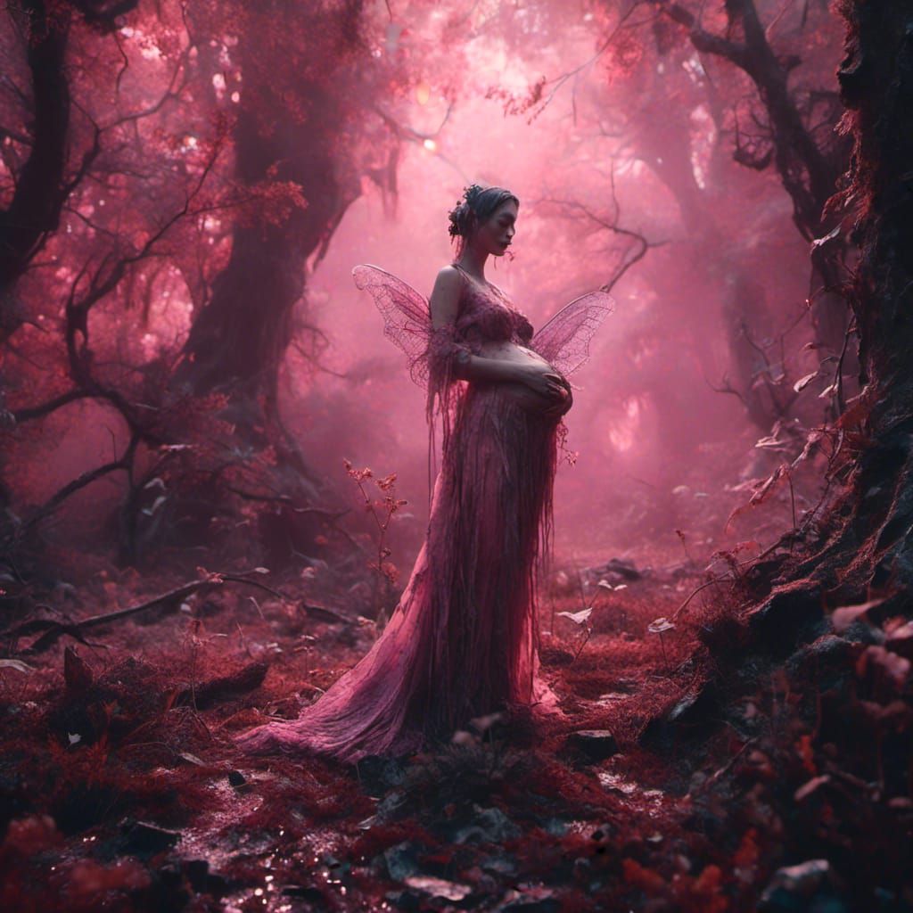 Pregnant Fairy in Pink Forest, Detailed Fantasy Art