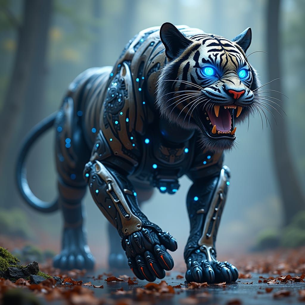 Cybernetic Tiger with Bionic Legs and Fiery Eyes