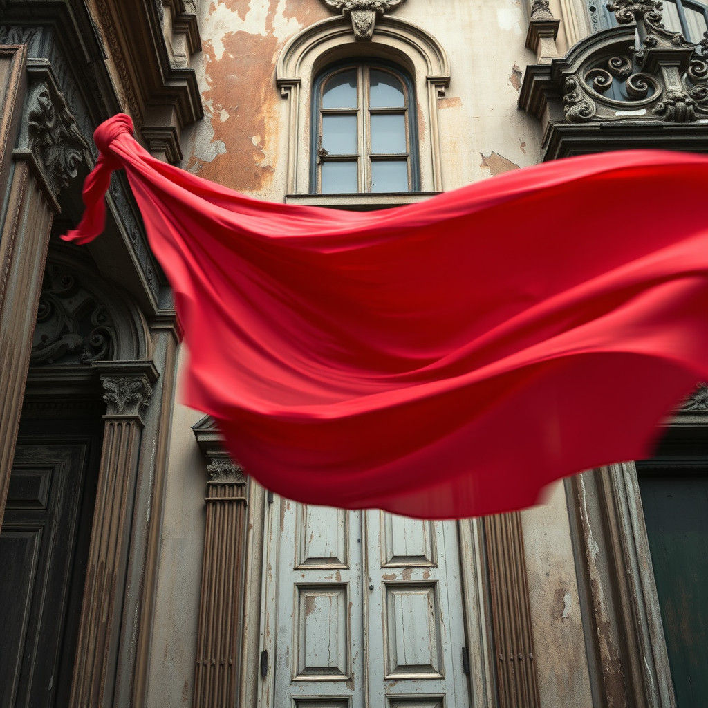 Dramatic Red Fabric Billows Against Ornate Facade