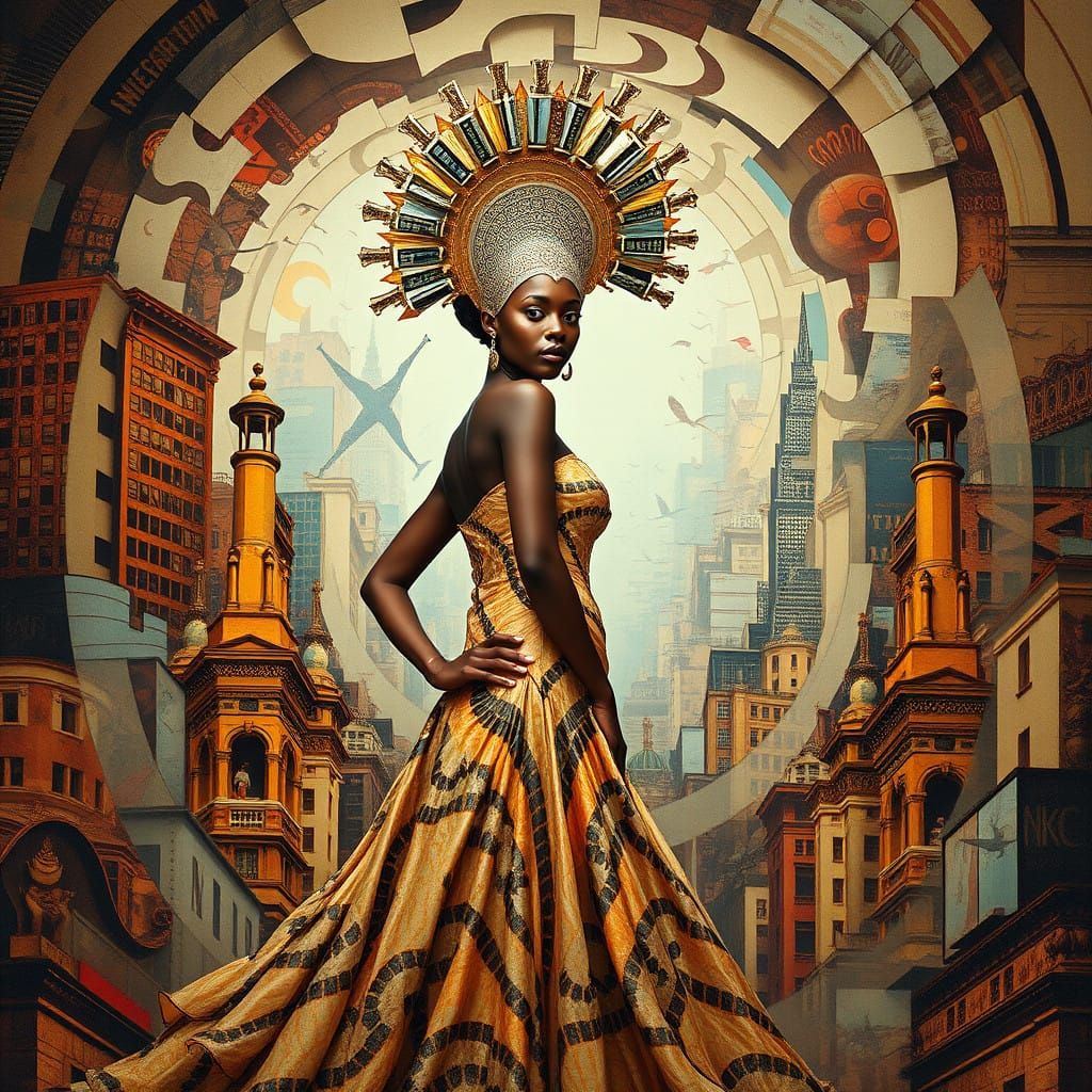 African Queen in Afro-Futurist Splendor amidst Art Nouveau C...