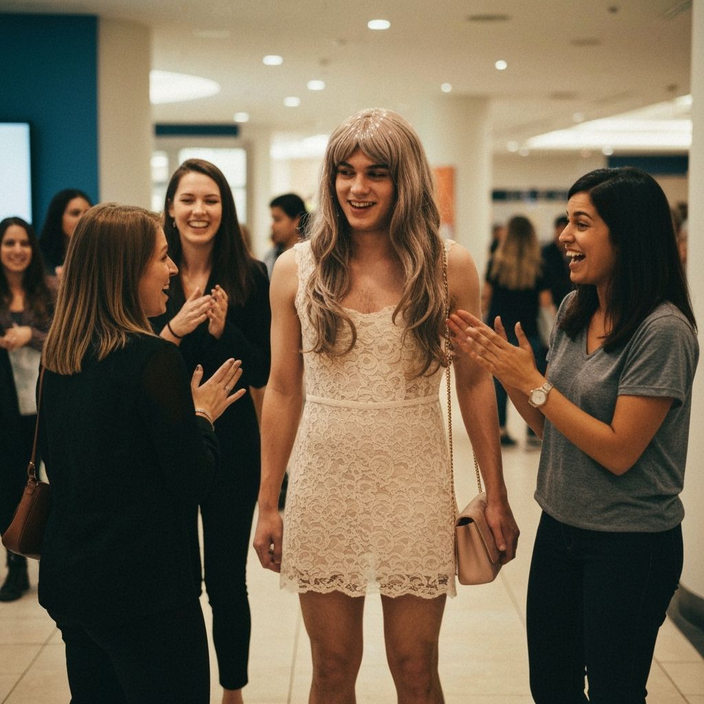 Embarrassed Crossdresser Introduced to Surprised Women in Ma...