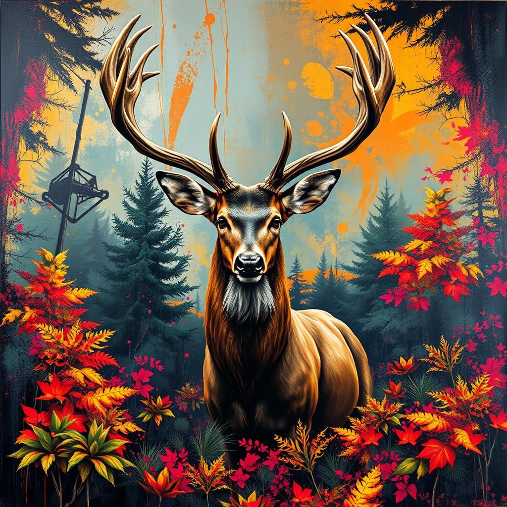 Majestic Deer in Abstract Forest, Graffiti Art Style