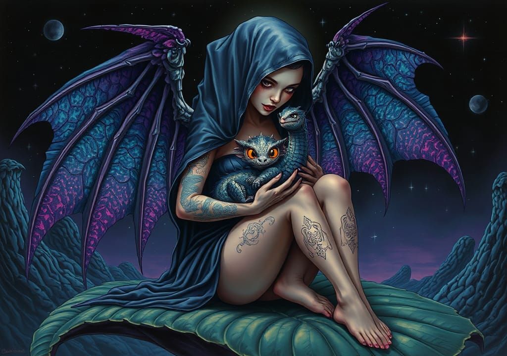 Grim Reaper Cradling Dragon in Moebius Style