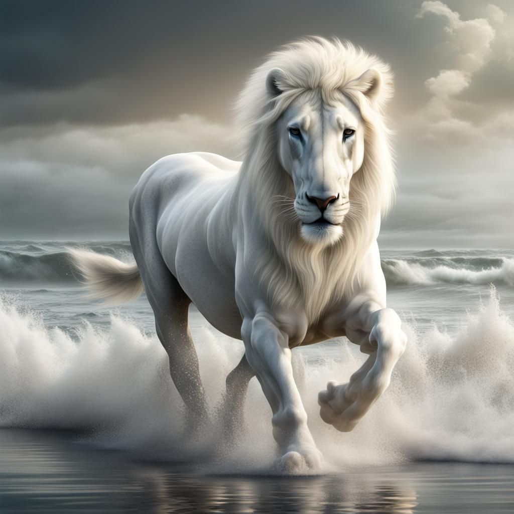 Lion-Headed Clydesdale Galloping on Ocean Shore