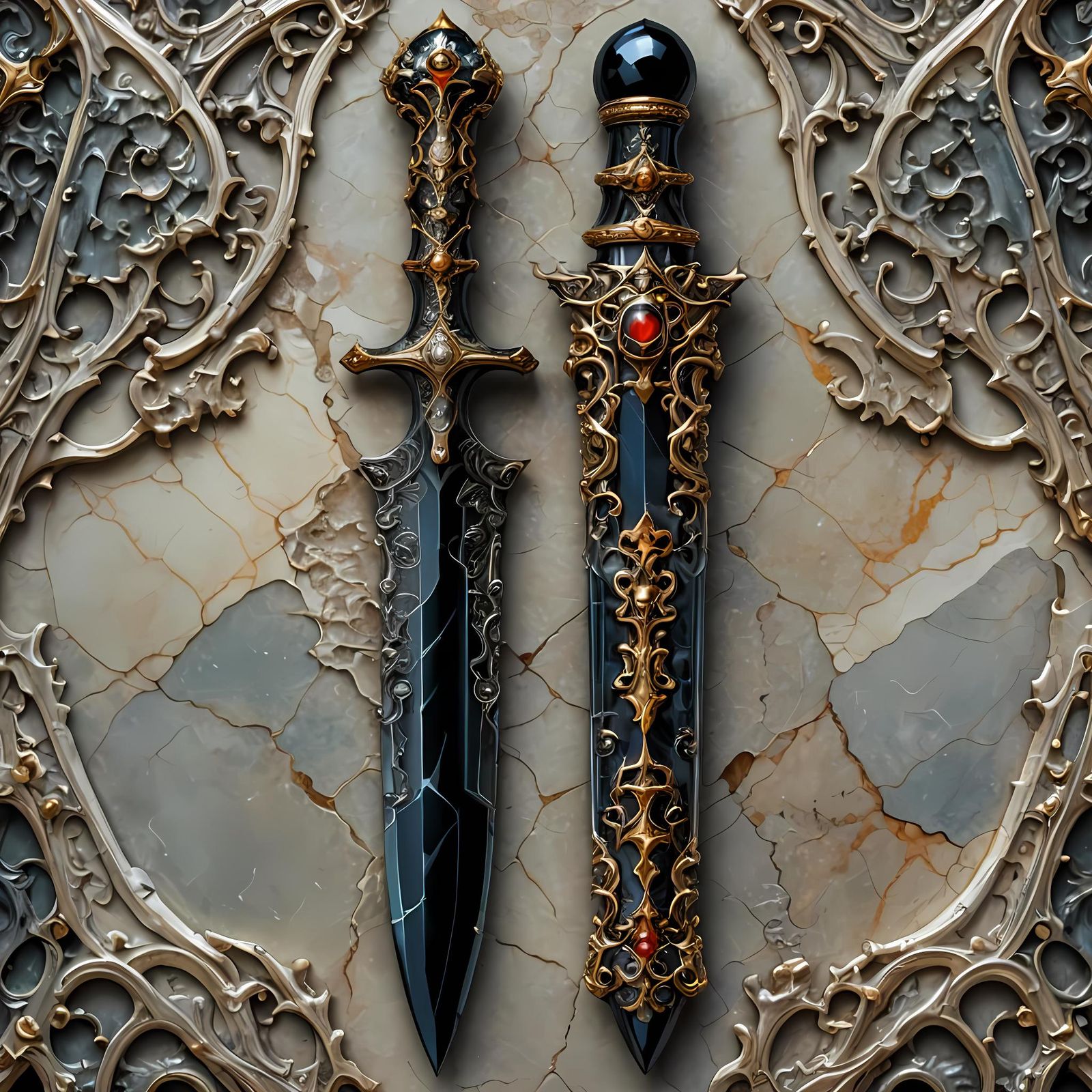 Ornate Onyx Dagger on Stone Slab: Manga Panel