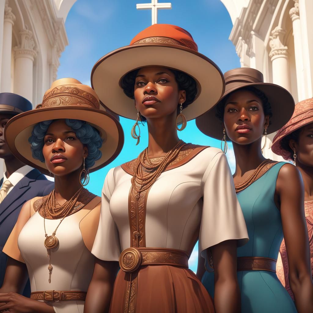 African American Women in Church Hats, Hyperrealistic Portra...