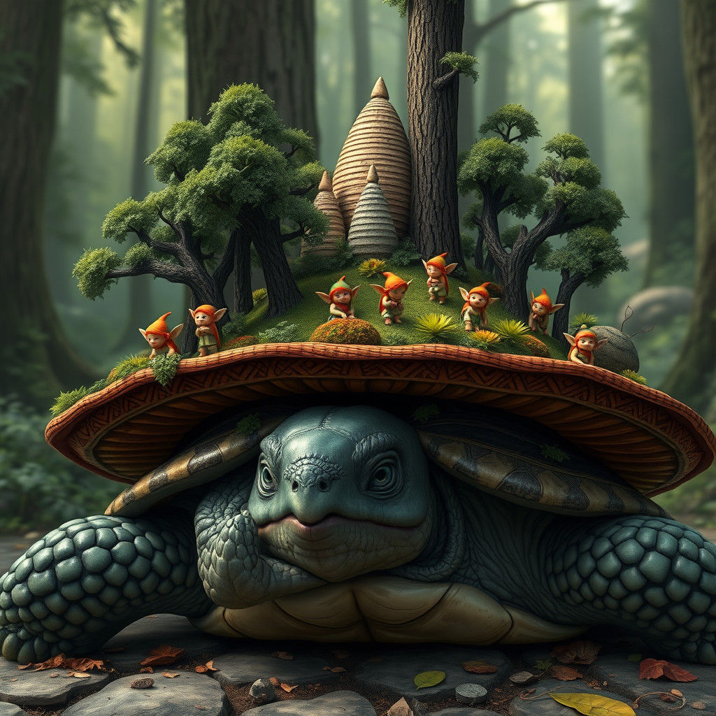 Fantasy Elves on a Magical Turtle's Shell