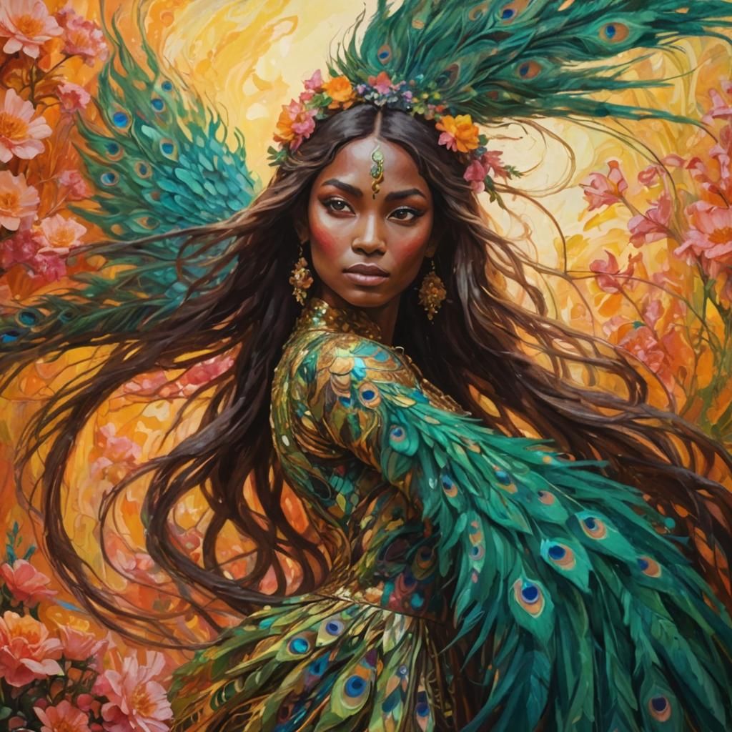 Dragon Peacock Woman in Abstract Fauvism Style