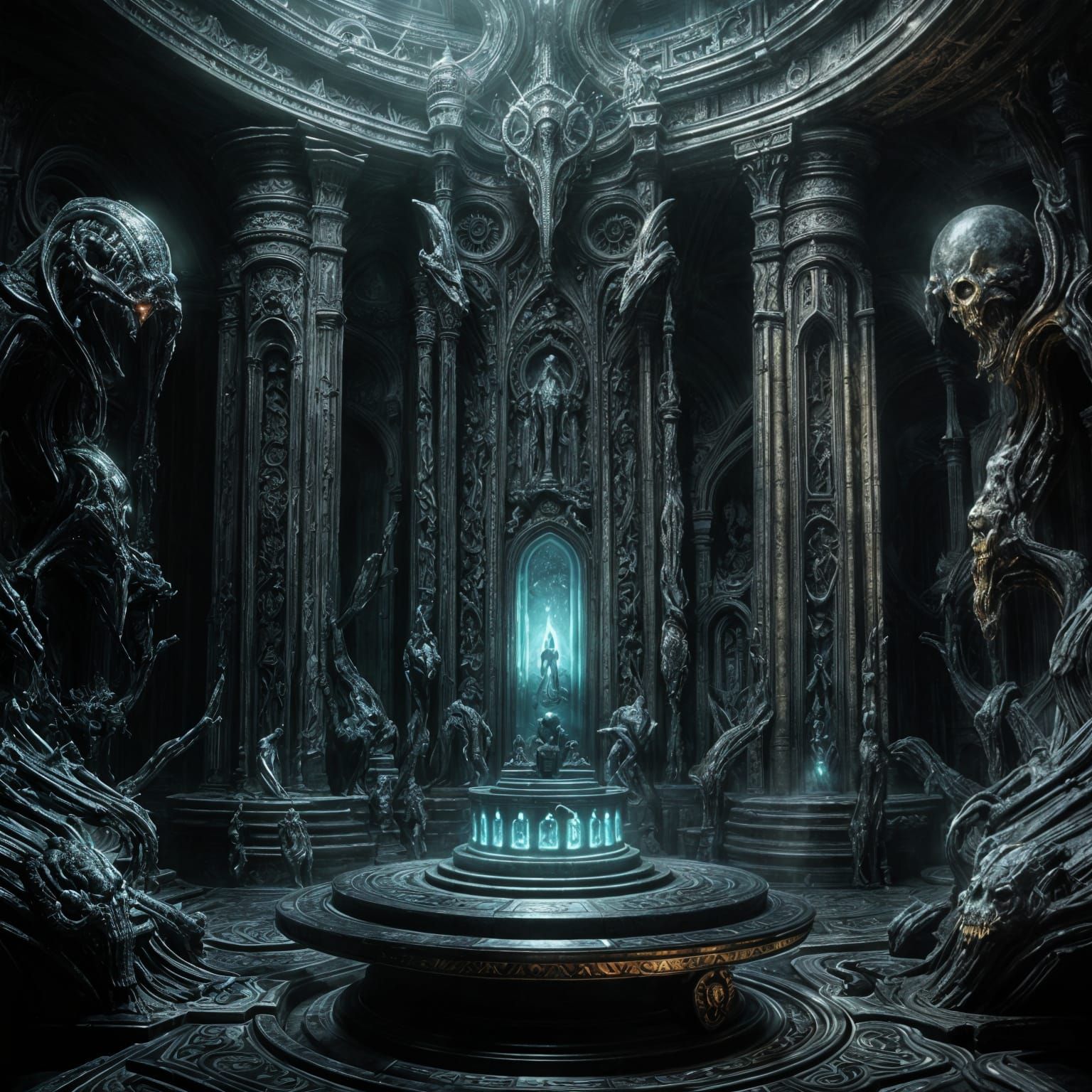 Ethereal Victorian Obsidian Altar in a Dark, Sinister Realm