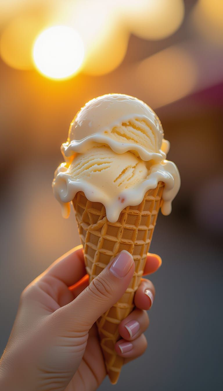 Hand Holding Melting Ice Cream in Golden Hour Light