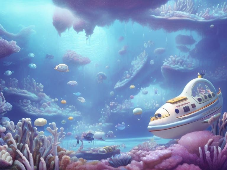 Nacre Submarine Exploring Coral Reefs in Daydreampunk Style