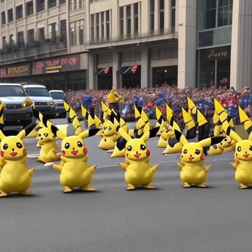 A pikachu army in a parade dressed in their best.