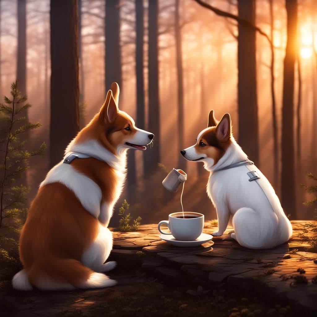 Corgi Drinks Coffee in Sci-Fi Sunset