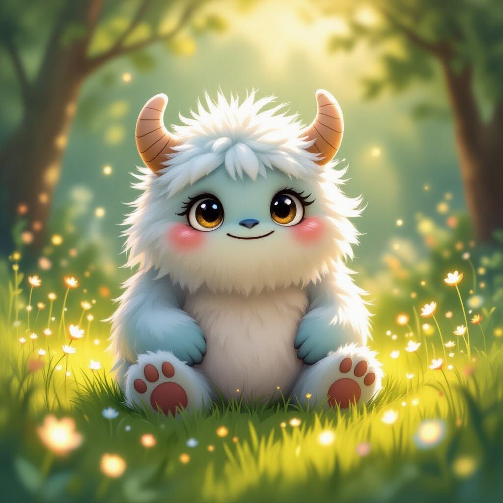 Gentle Pastel Monster in Sun-Dappled Meadow