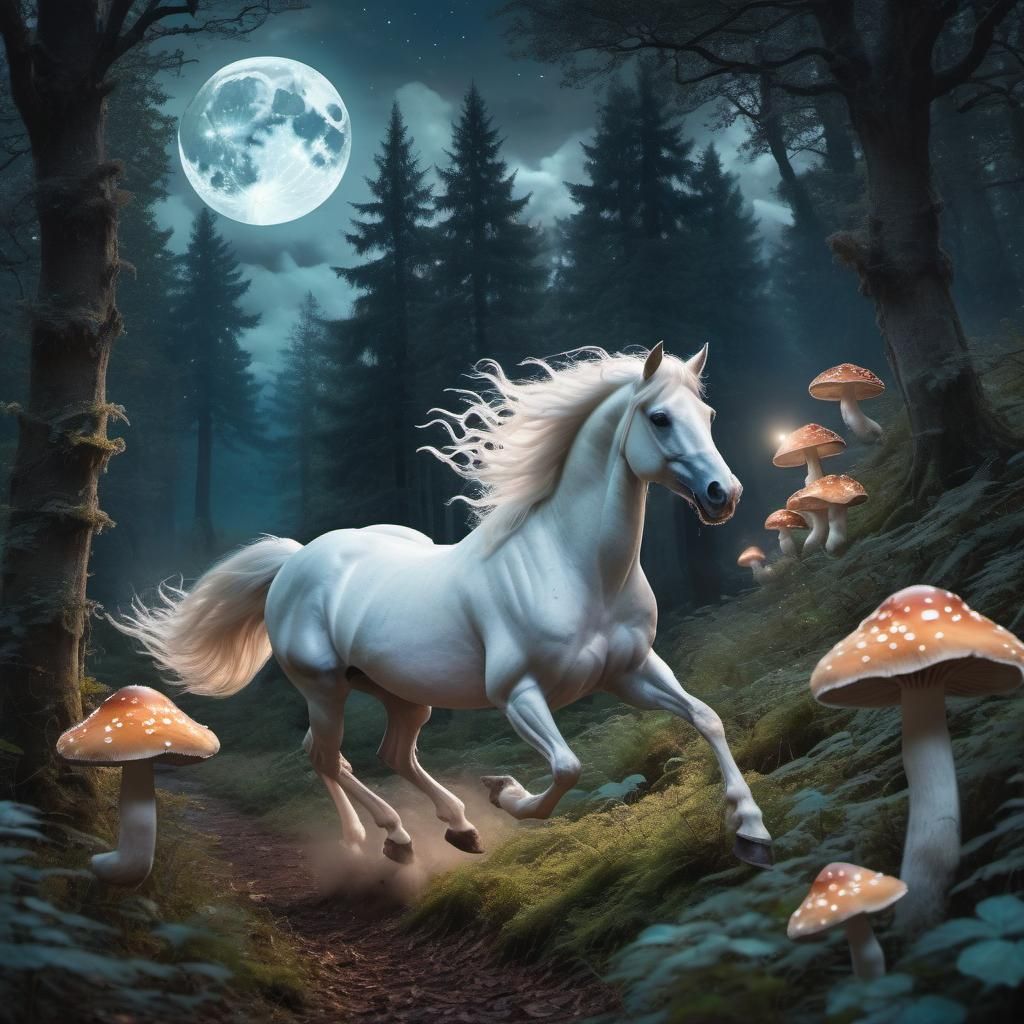 Unicorn and Fairies in Moonlit Forest
