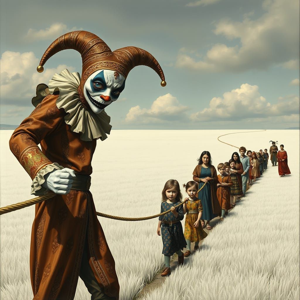 Surreal Harlequin Leads Procession in Dürer Style