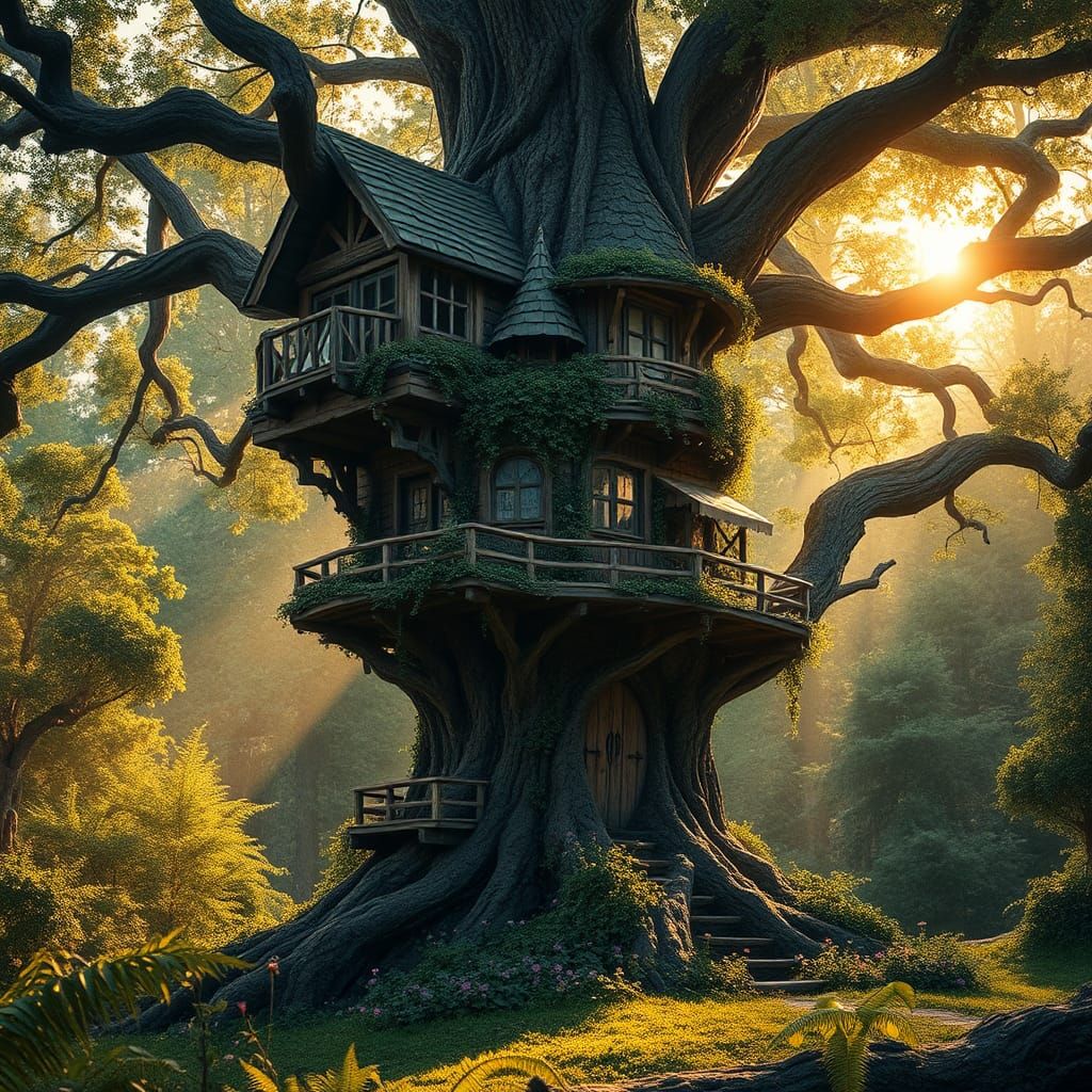 Enchanted Forest Treehouse in Golden Light