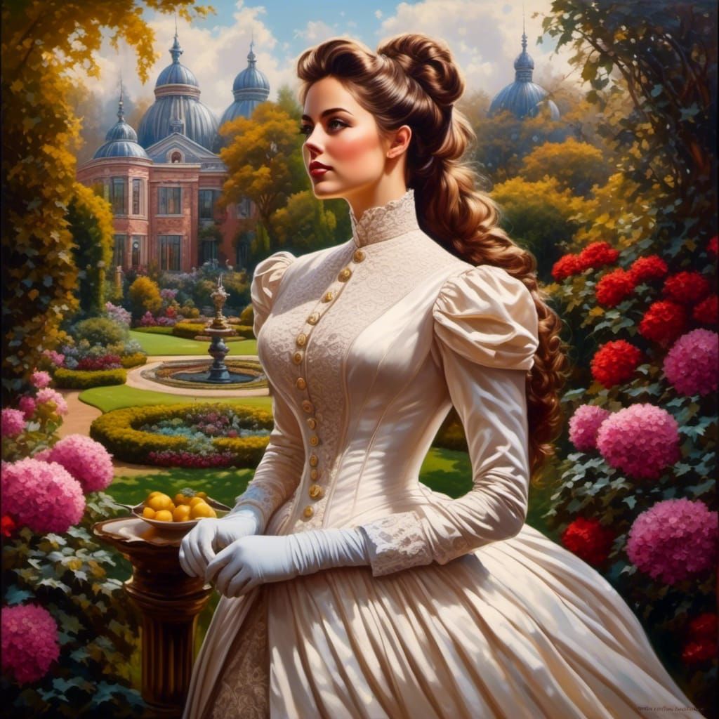 Victorian Lady in Mystic Garden: Oil Painting