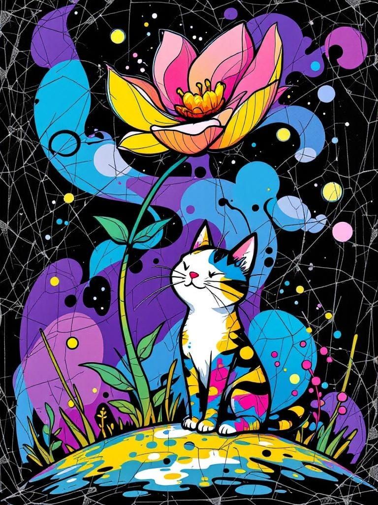 Cartoon Cat Under Flower with Dynamic Lines