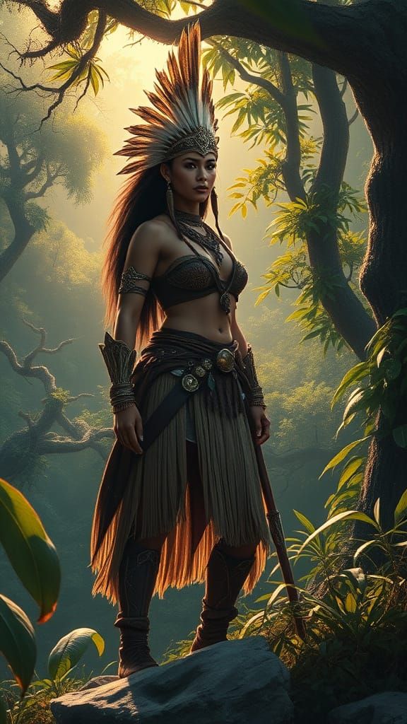 Majestic Female Warrior Amidst Primeval Forest