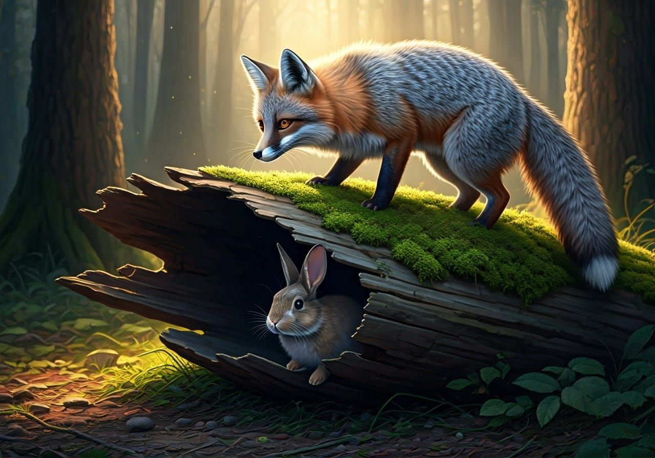 Grey Fox Surveys Forest from Hollow Log