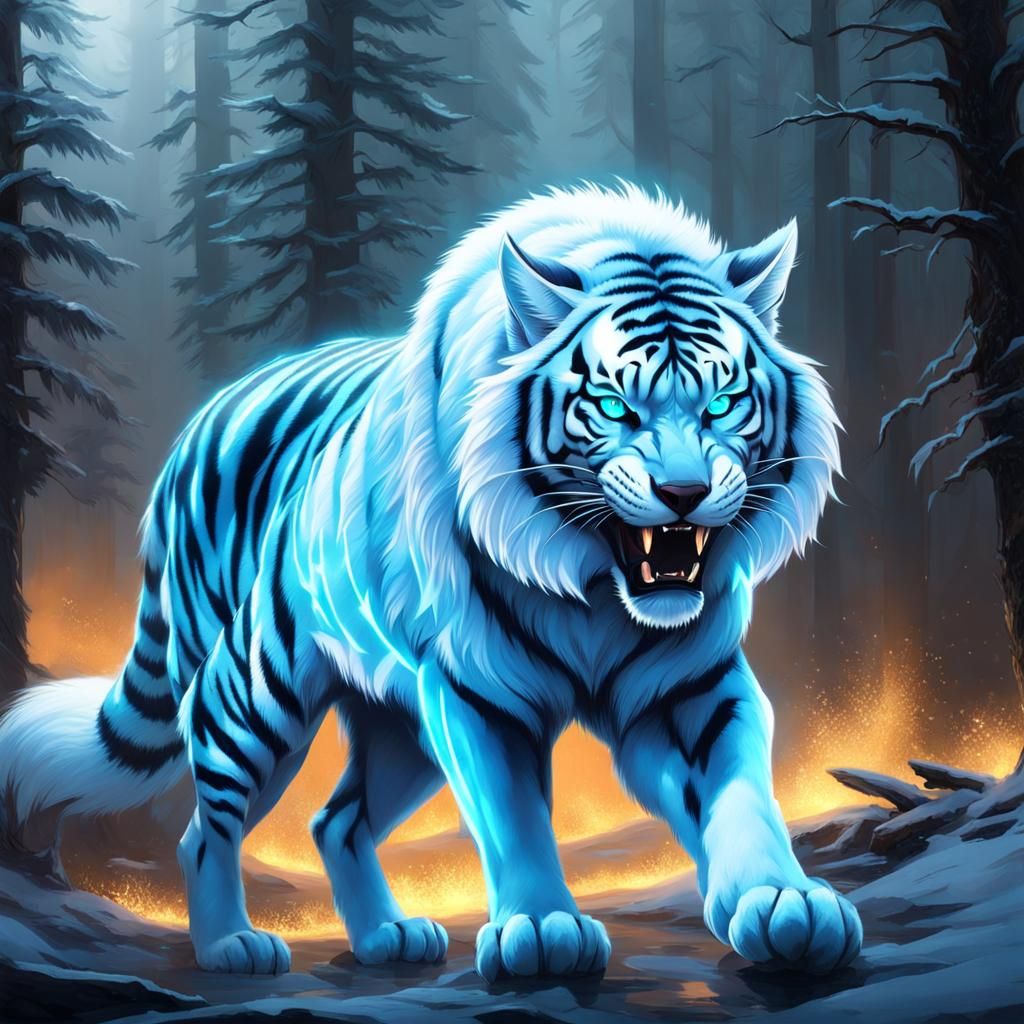 Ice Fox-Tiger Hybrid with Glowing Blue Stripes