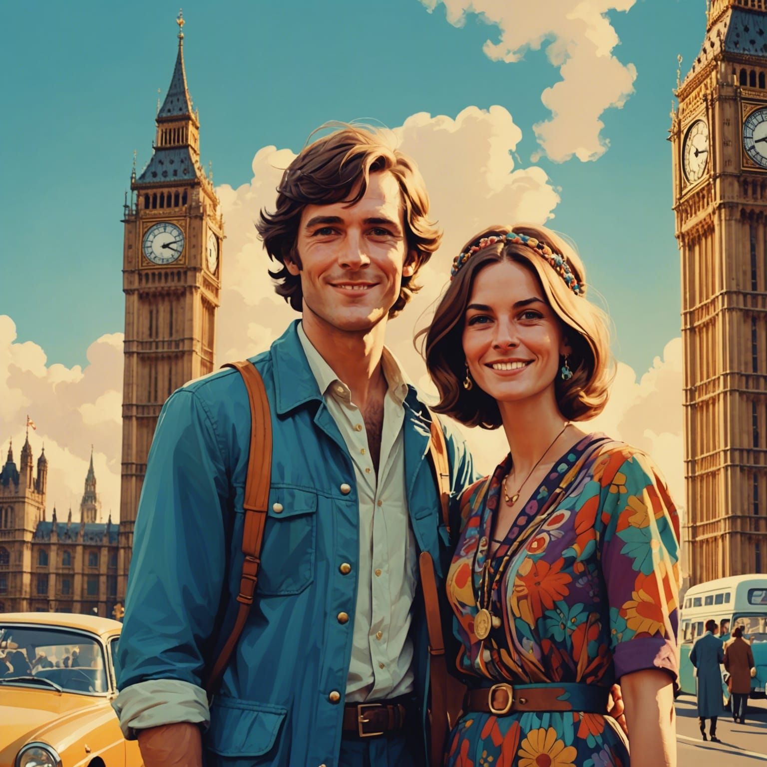Happy Hippie Couple at Big Ben, 1960s Style