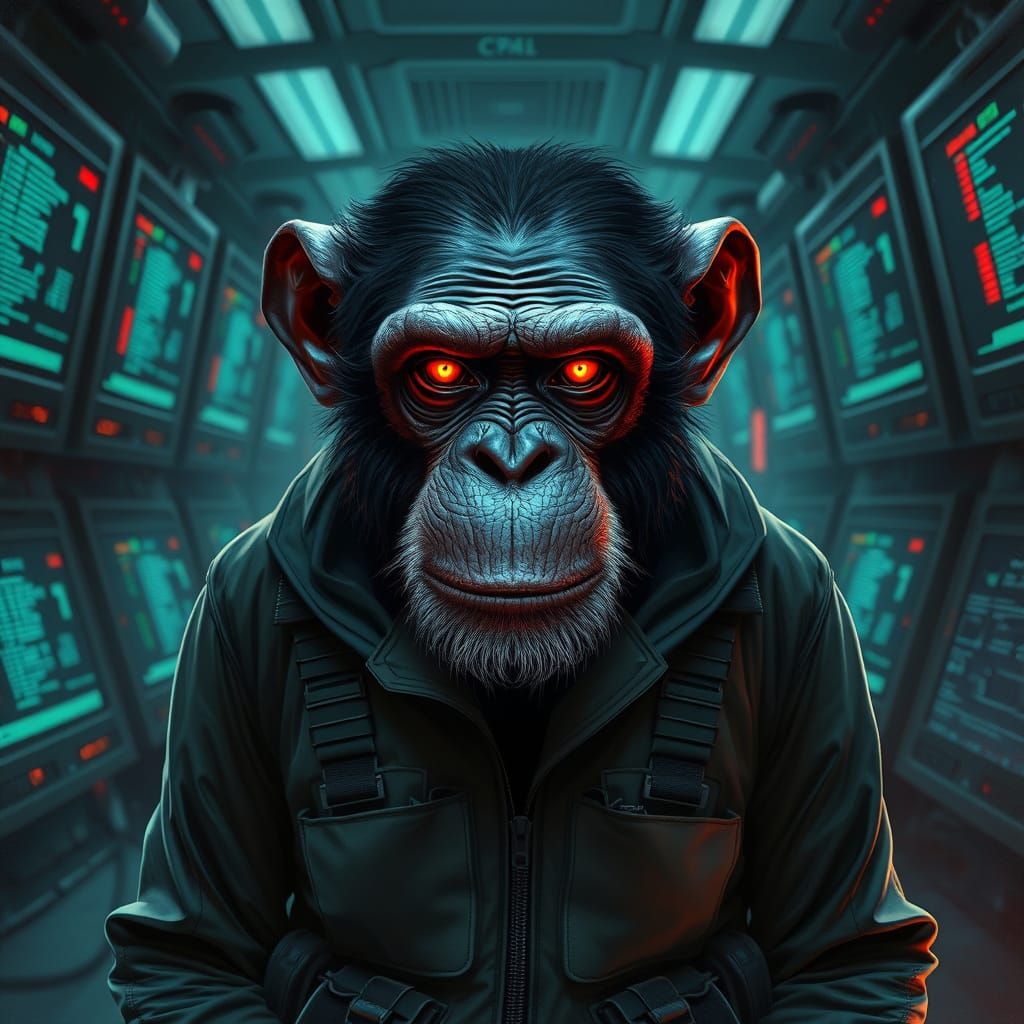 Surreal Cyberpunk Chimpanzee in High-Tech Laboratory