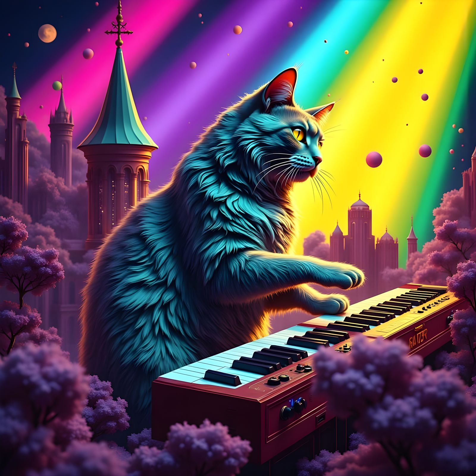 Psychedelic Cat Keyboardist in Art Nouveau Style