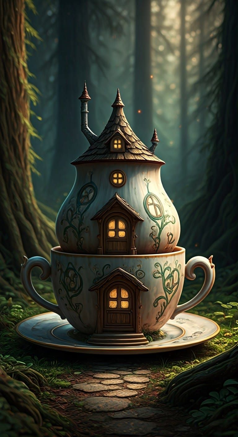 Whimsical Teacup Mushroom House in Lush Forest
