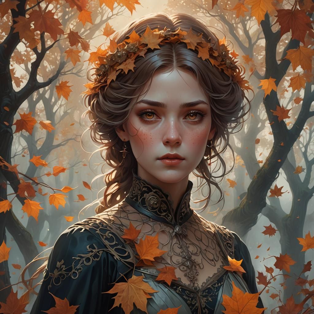 Mysterious Woman in Autumn Mist: Surreal Digital Portrait
