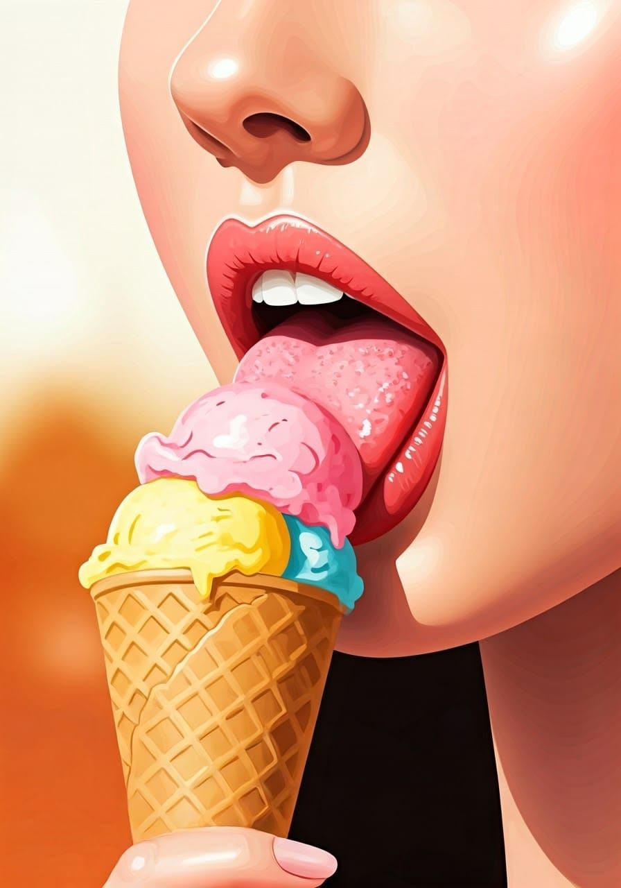 Sensual Woman Enjoying Colorful Ice Cream in a Dreamy Summer...
