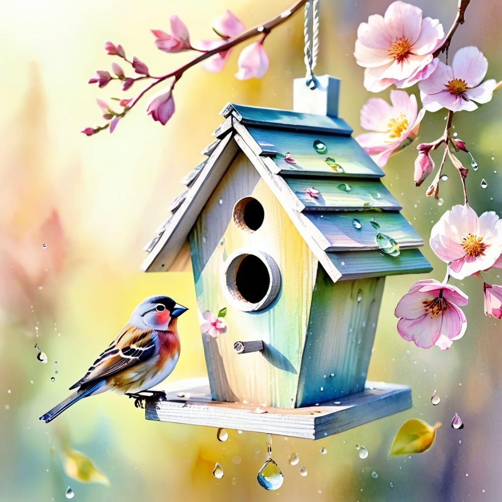 Whimsical Finch Birdhouse in Watercolor Style