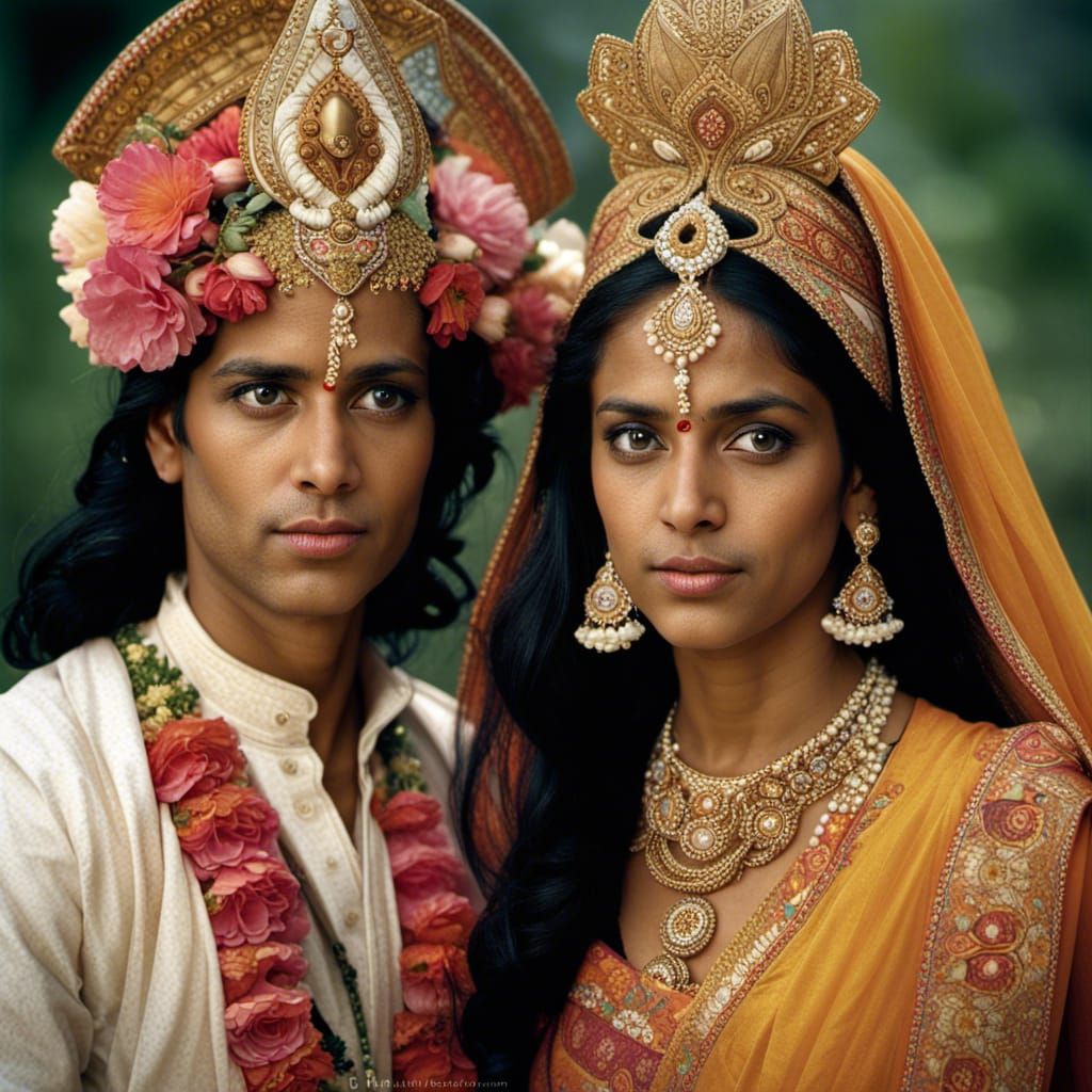 Rama and Sita Portrait in Traditional Indian Style