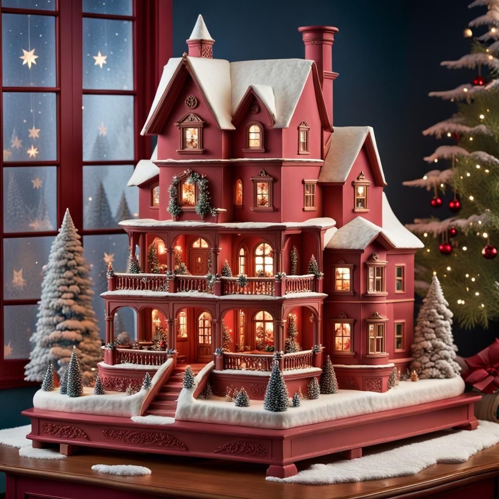 A breathtaking clay potter doll house captures the enchantment of a red Christmas night.