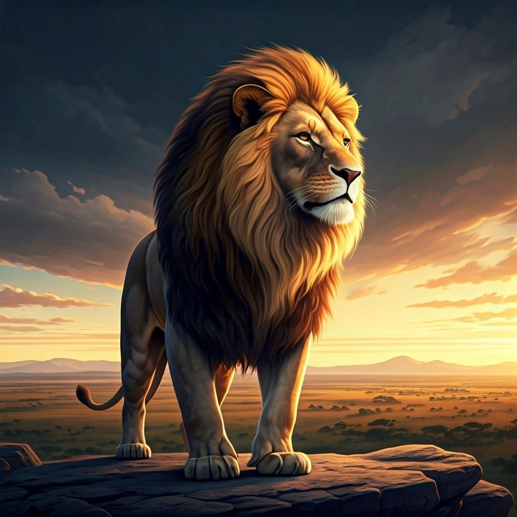 Majestic Lion in Golden Light, Classic Oil Painting Style