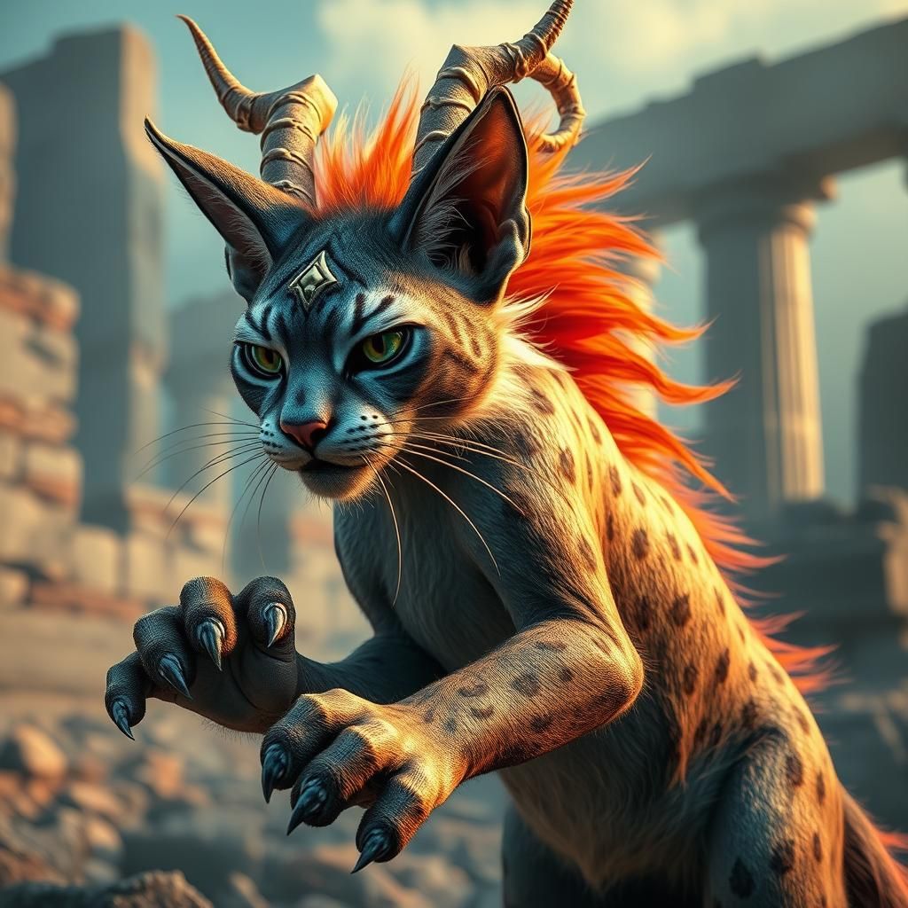 Mystical Cat-Minotaur Hybrid in Ancient Ruins