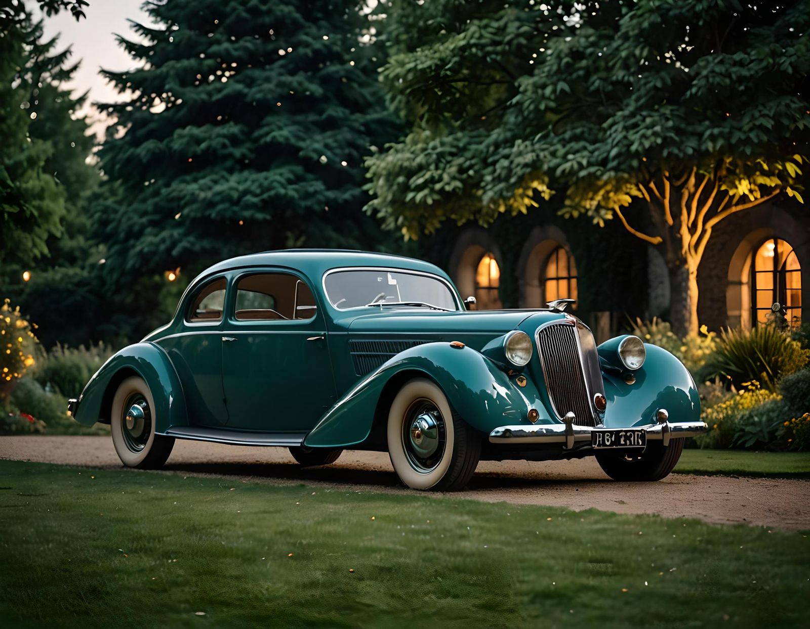 1930s Dark Turquoise Fastback Coupé Car in Garden