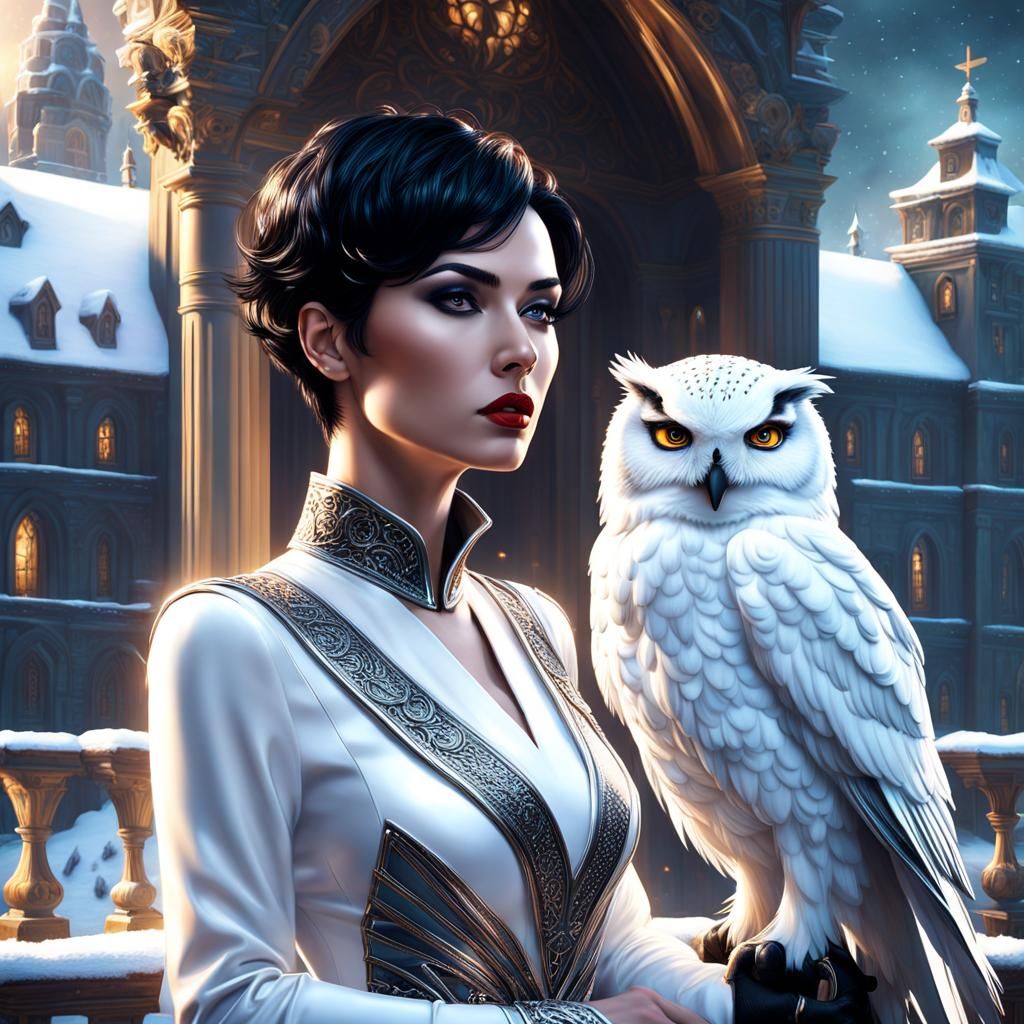 Woman and Snowy Owl on Balcony: Hyperrealistic Art