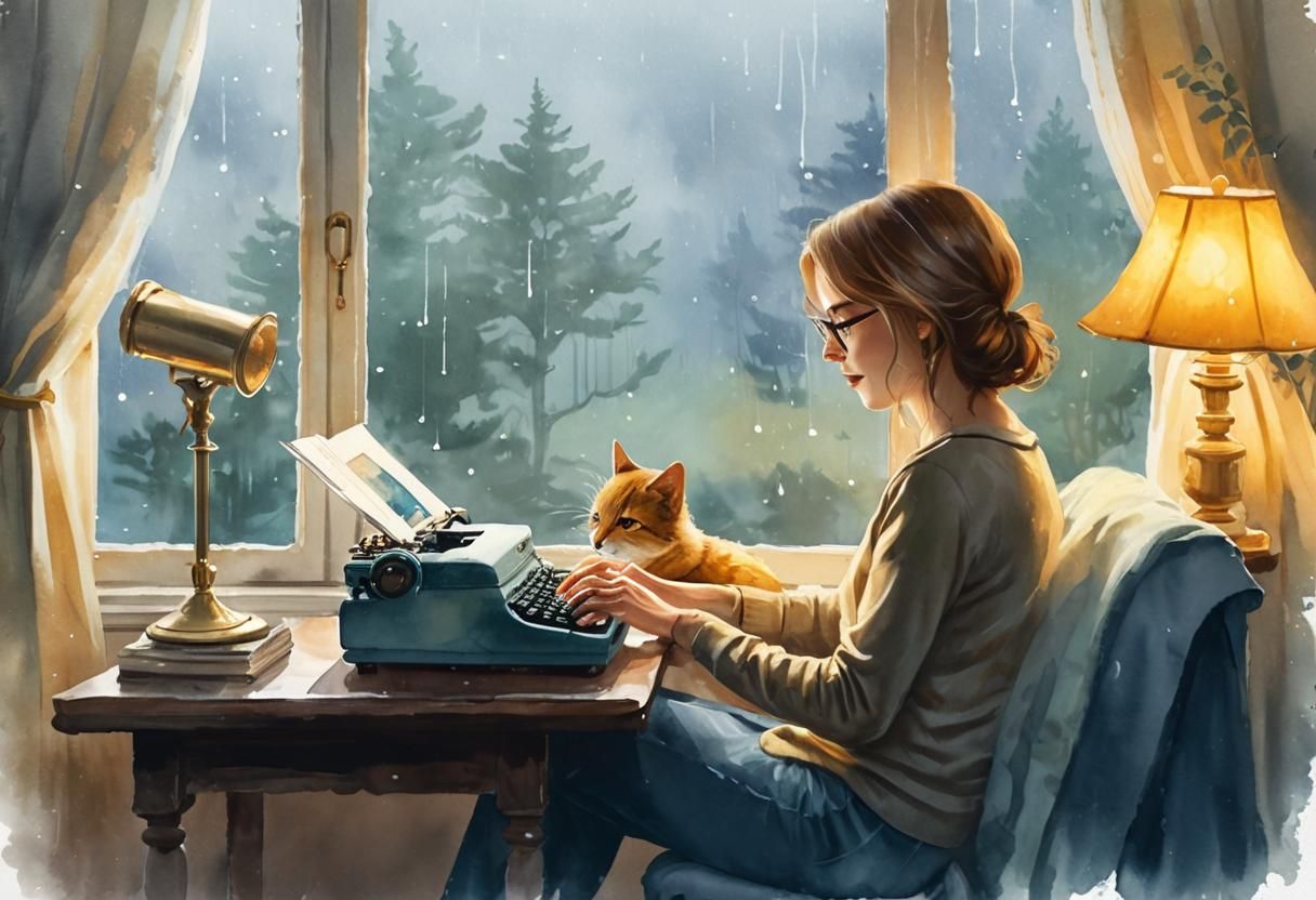 Cozy Rainy Night: Watercolor Writer at Work