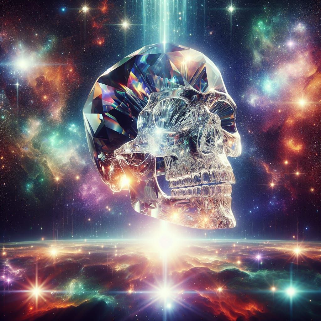 Radiant Crystal Skull Drifting in Cosmos