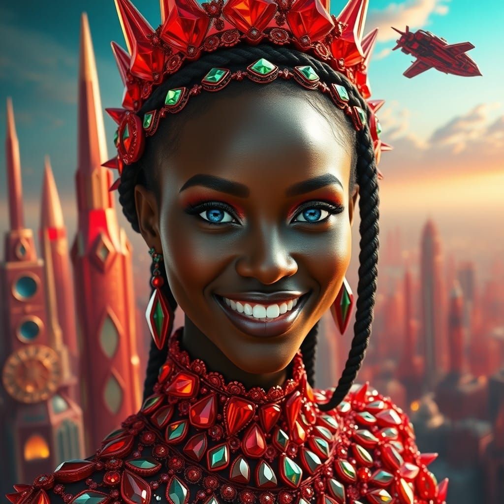 Futuristic Red Crystal City with Queen in Splash Art Style