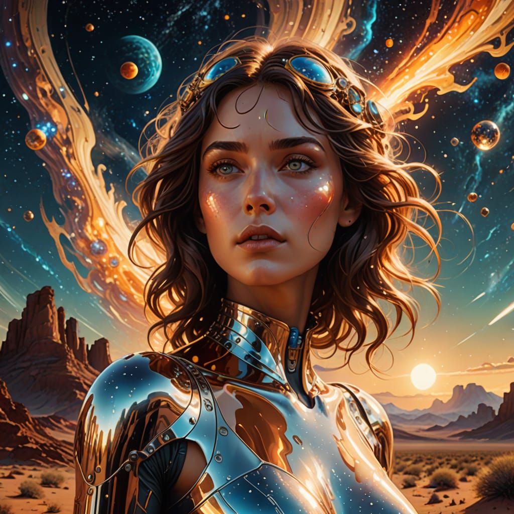 Ethereal Mercury Goddess in Cosmic Desert