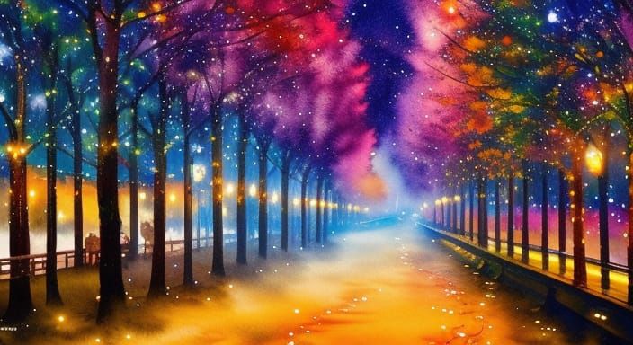 Autumn Fantasy City in Watercolor Style