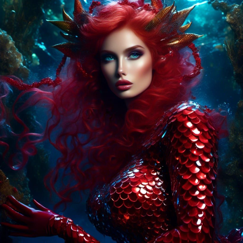 Beautiful Mermaid Portrait in Latex Costume, Fantasy Art