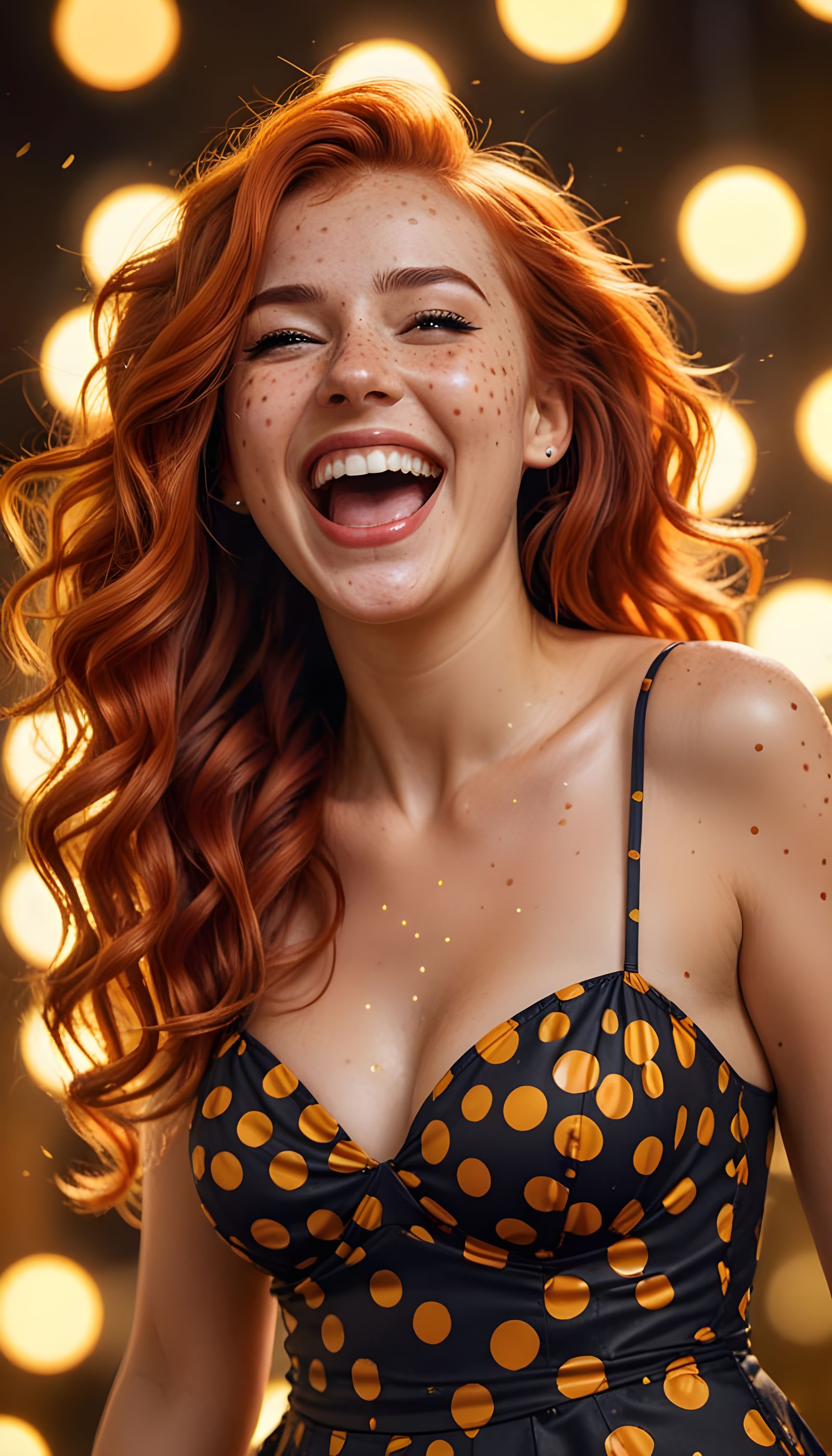 Laughing Woman with Fiery Polka Dots in Digital Art