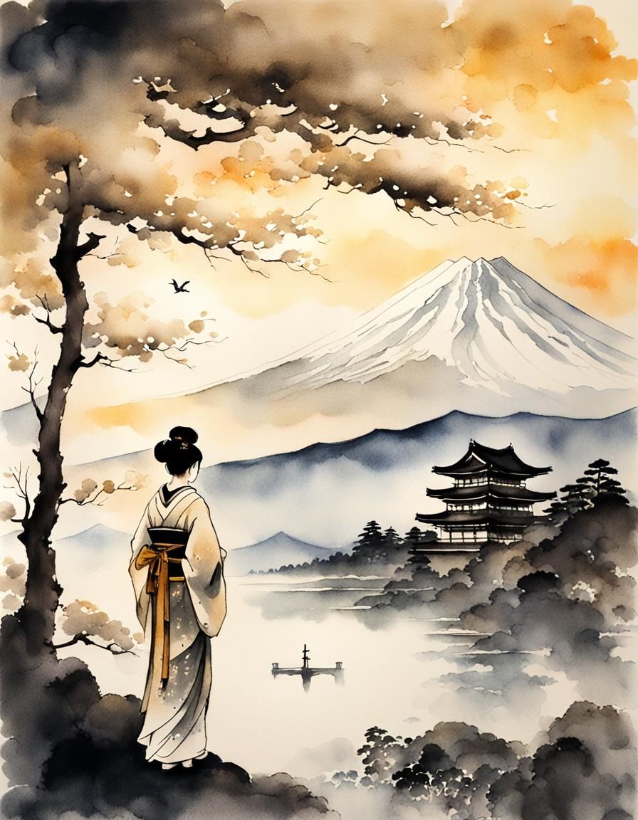 Geisha Gazing at Mount Fuji: Impressionist Ink Wash